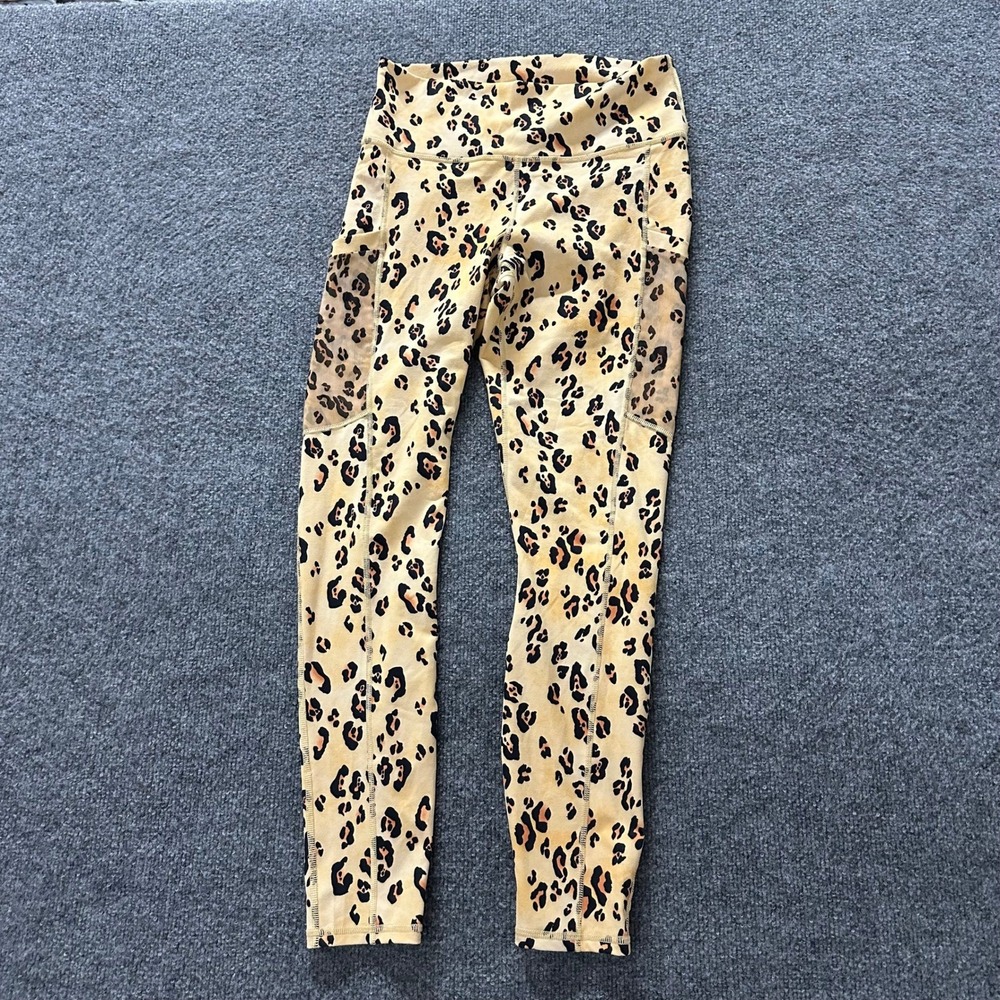 Fabletics Leggings Womens Size M Tan Leopard PowerHold Mesh Pocket High Rise Gym
